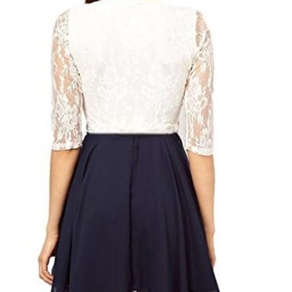 Women's White Navy Lace Chiffon Mini Dress Prom Fit and Flare Dresses - Picture 3 of 9